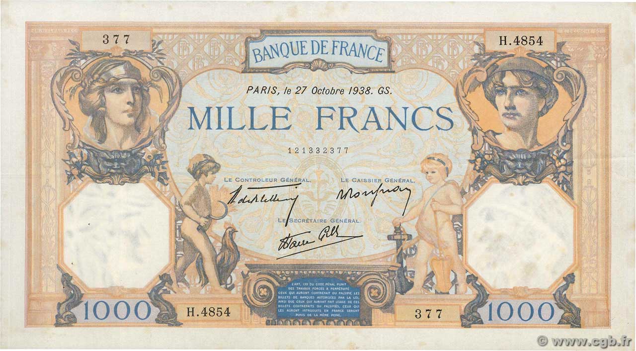 1000 Francs CÉRÈS ET MERCURE type modifié FRANCE  1938 F.38.31 VF+