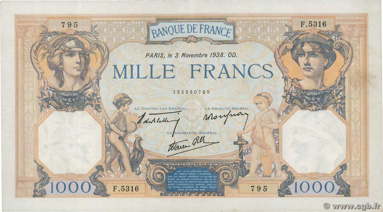 1000 Francs CÉRÈS ET MERCURE type modifié FRANCE  1938 F.38.32 VF+