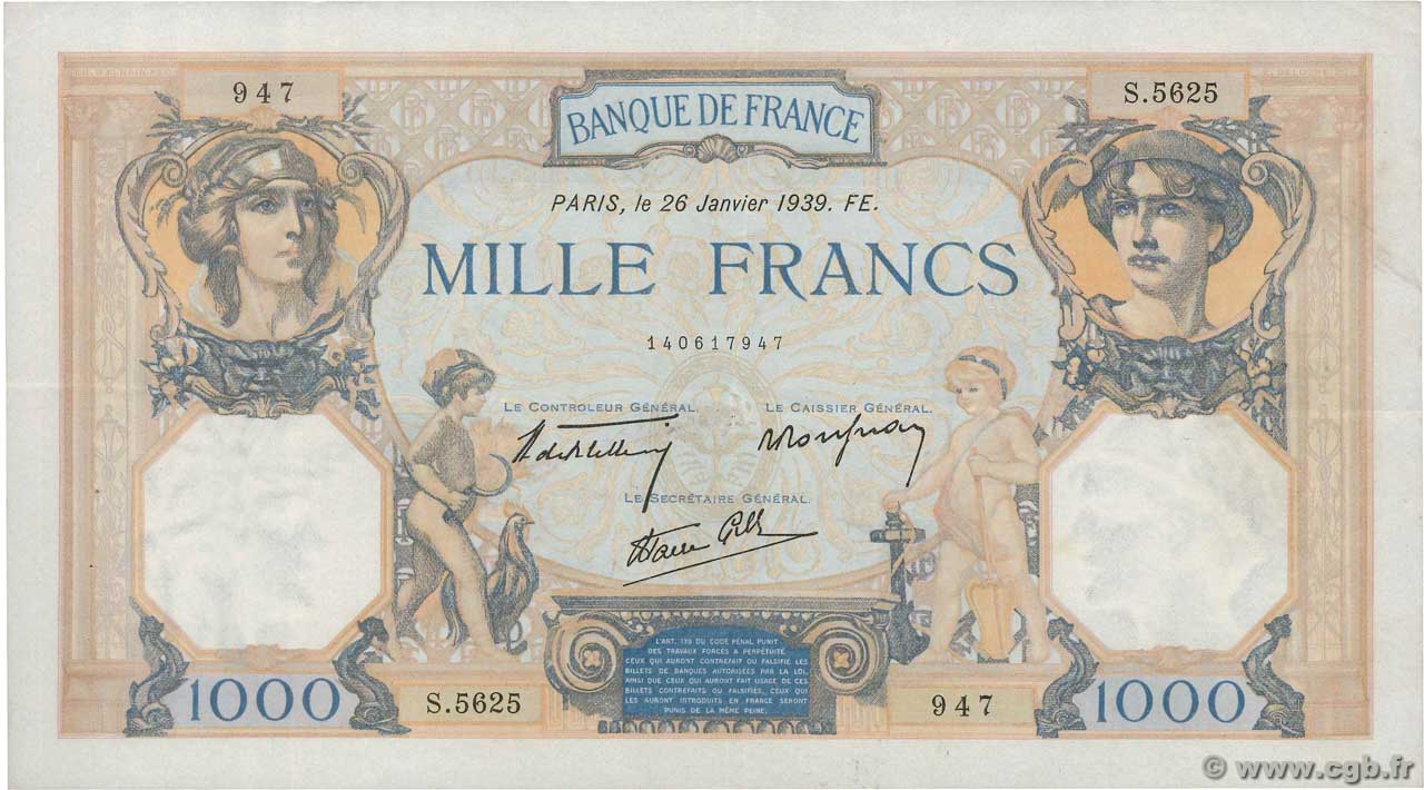 1000 Francs CÉRÈS ET MERCURE type modifié FRANCIA  1939 F.38.33 MBC+