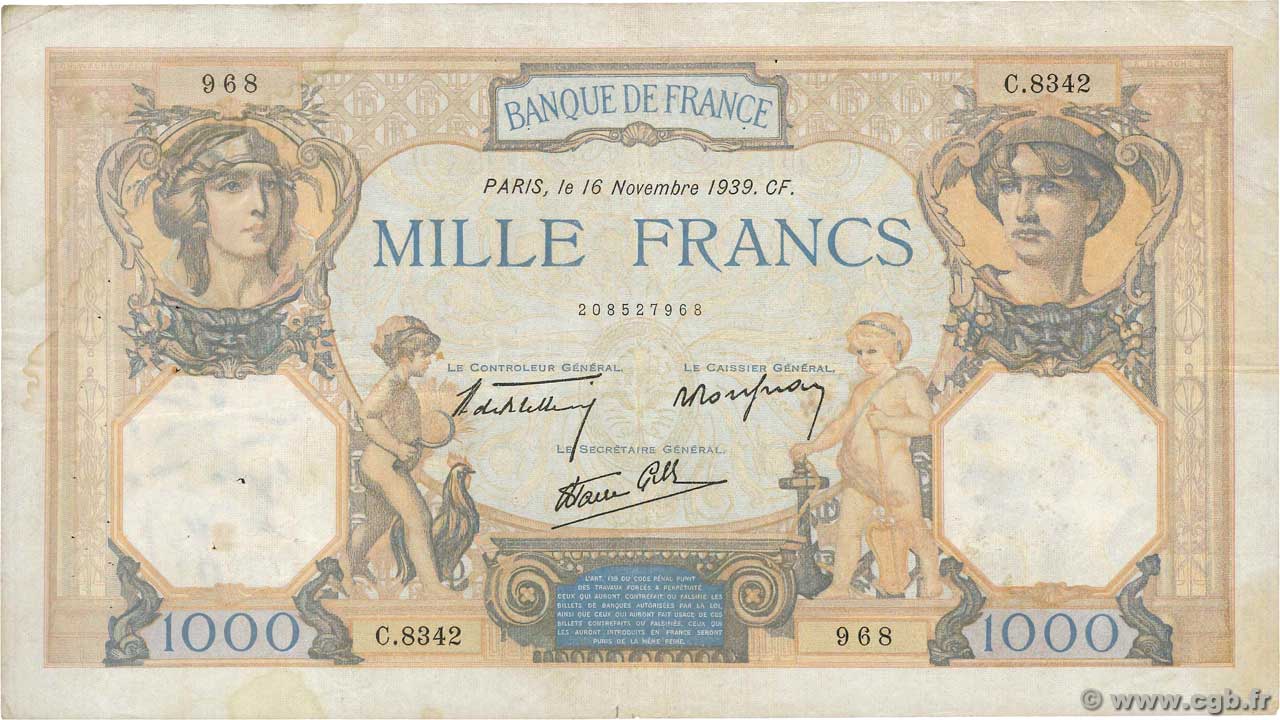 1000 Francs CÉRÈS ET MERCURE type modifié FRANCE  1939 F.38.39 TB