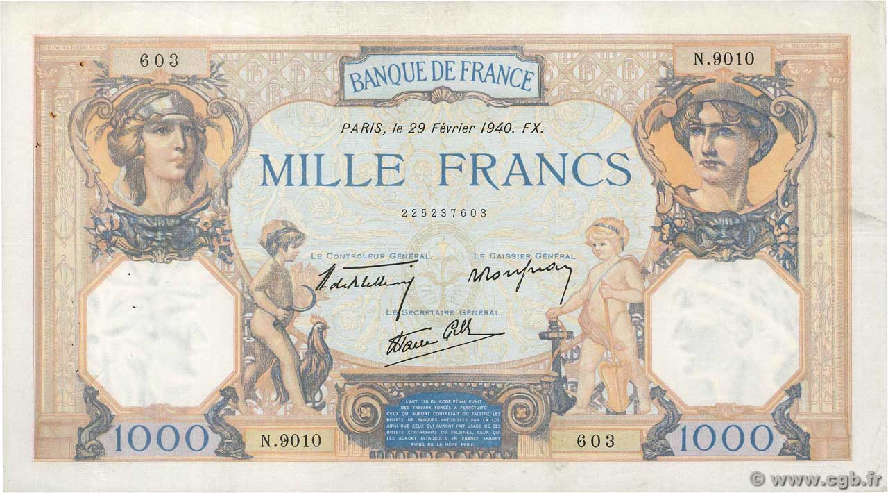 1000 Francs CÉRÈS ET MERCURE type modifié FRANCIA  1940 F.38.43 MBC