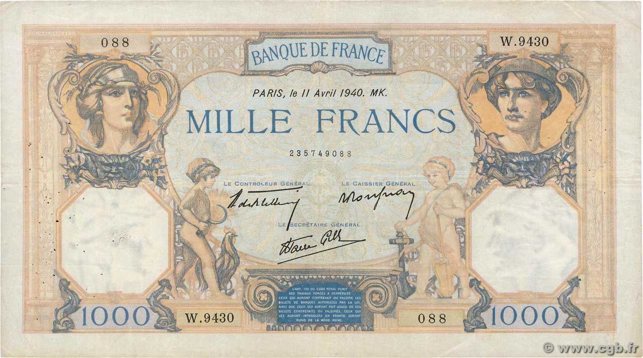 1000 Francs CÉRÈS ET MERCURE type modifié FRANCE  1940 F.38.45 TB+