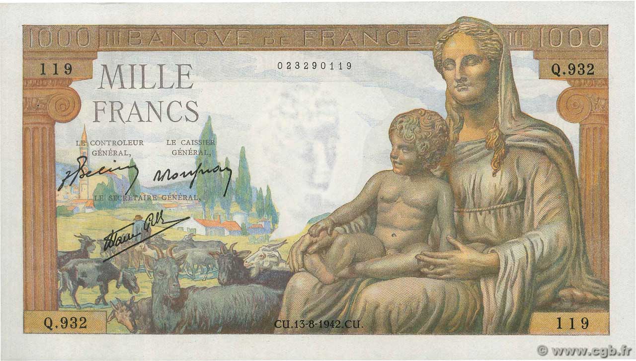 1000 Francs DÉESSE DÉMÉTER FRANCIA  1942 F.40.04 AU