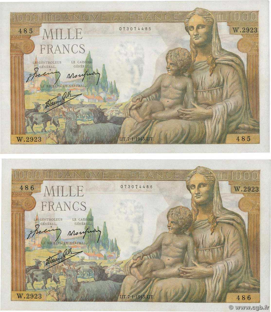 1000 Francs DÉESSE DÉMÉTER Consécutifs FRANCE  1943 F.40.15 pr.NEUF