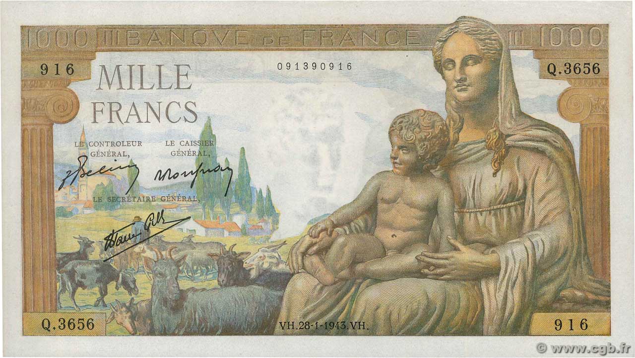 1000 Francs DÉESSE DÉMÉTER FRANCE  1943 F.40.17 pr.SPL