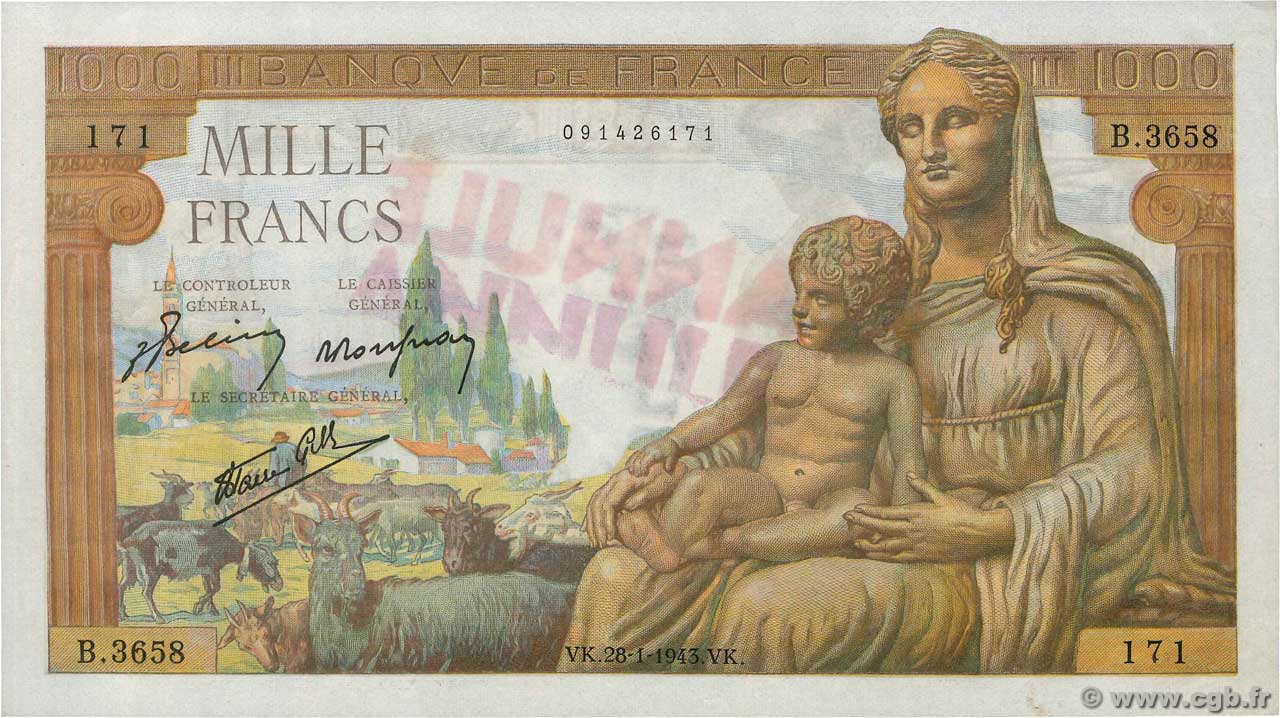 1000 Francs DÉESSE DÉMÉTER Annulé FRANCE  1943 F.40.17 SPL+