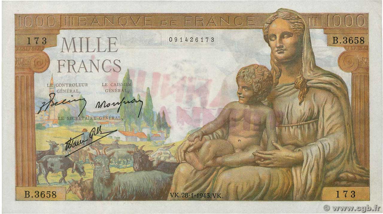 1000 Francs DÉESSE DÉMÉTER Annulé FRANCIA  1943 F.40.17 SC+