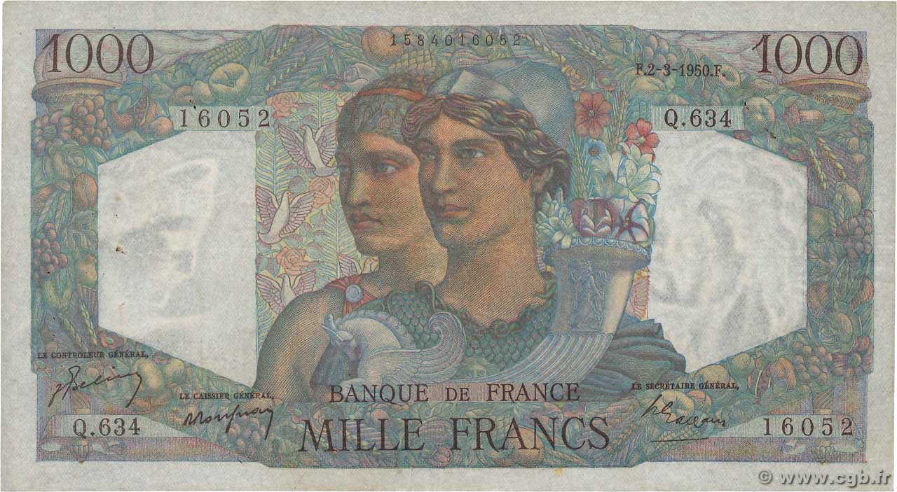 1000 Francs MINERVE ET HERCULE FRANCE  1950 F.41.31 TTB
