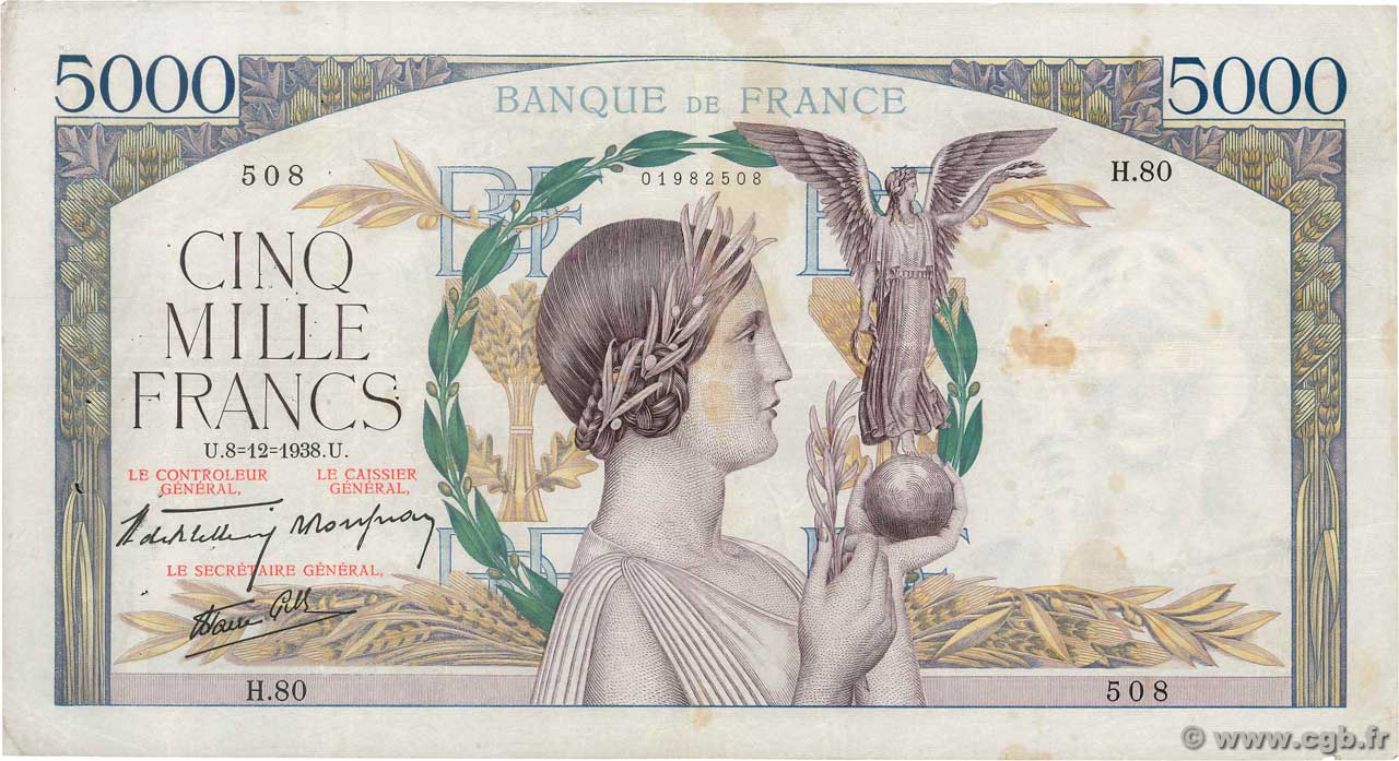 5000 Francs VICTOIRE Impression à plat FRANCE  1938 F.46.01 F