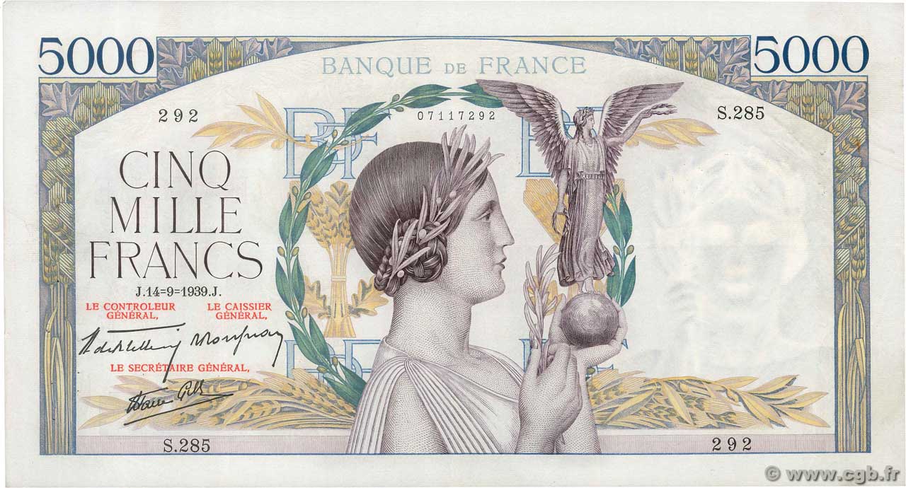 5000 Francs VICTOIRE Impression à plat FRANCE  1939 F.46.10 VF+