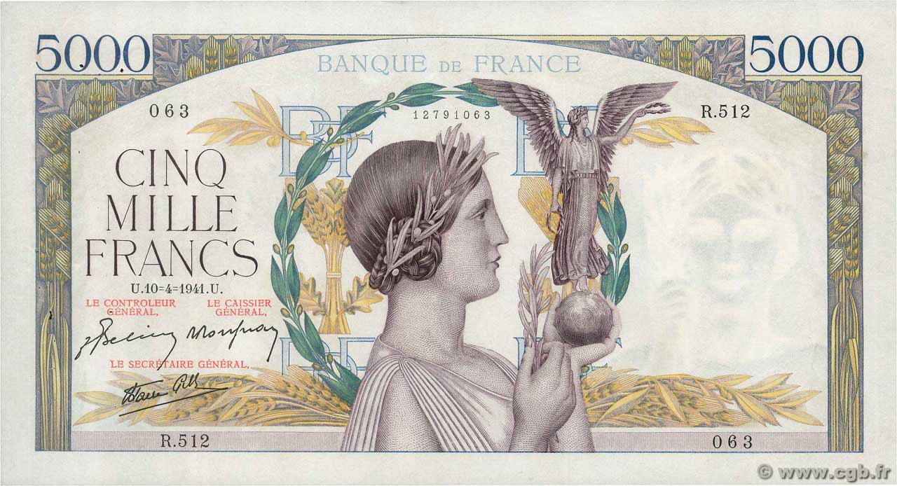 5000 Francs VICTOIRE Impression à plat FRANCIA  1941 F.46.19 q.SPL