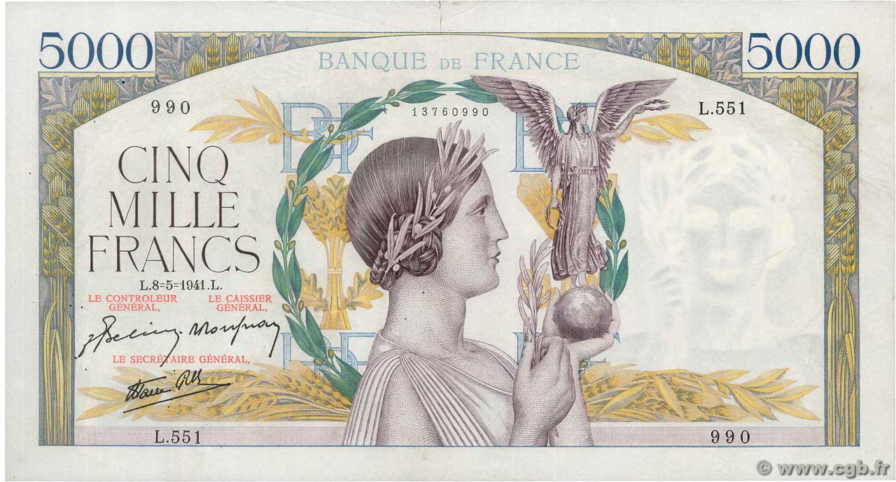 5000 Francs VICTOIRE Impression à plat FRANKREICH  1941 F.46.21 SS