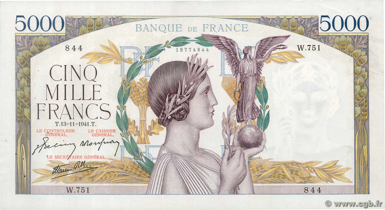 5000 Francs VICTOIRE Impression à plat FRANKREICH  1941 F.46.29 fVZ