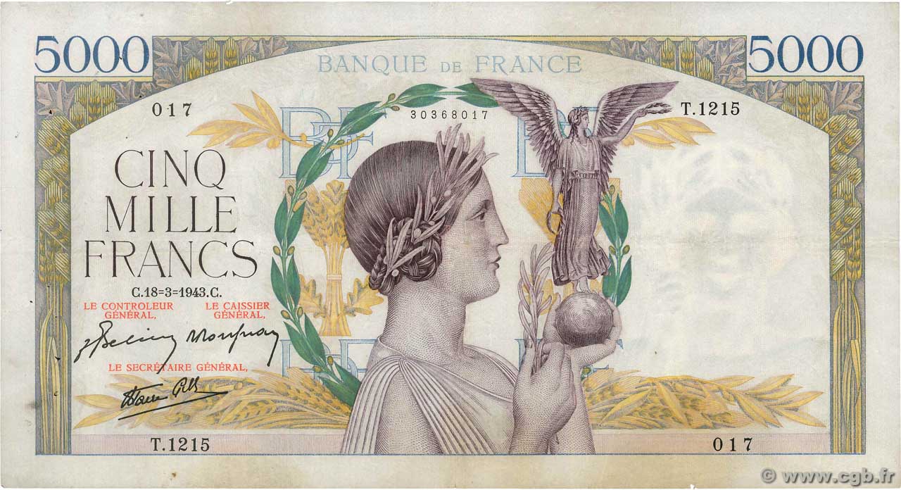 5000 Francs VICTOIRE Impression à plat FRANCE  1943 F.46.49 F+