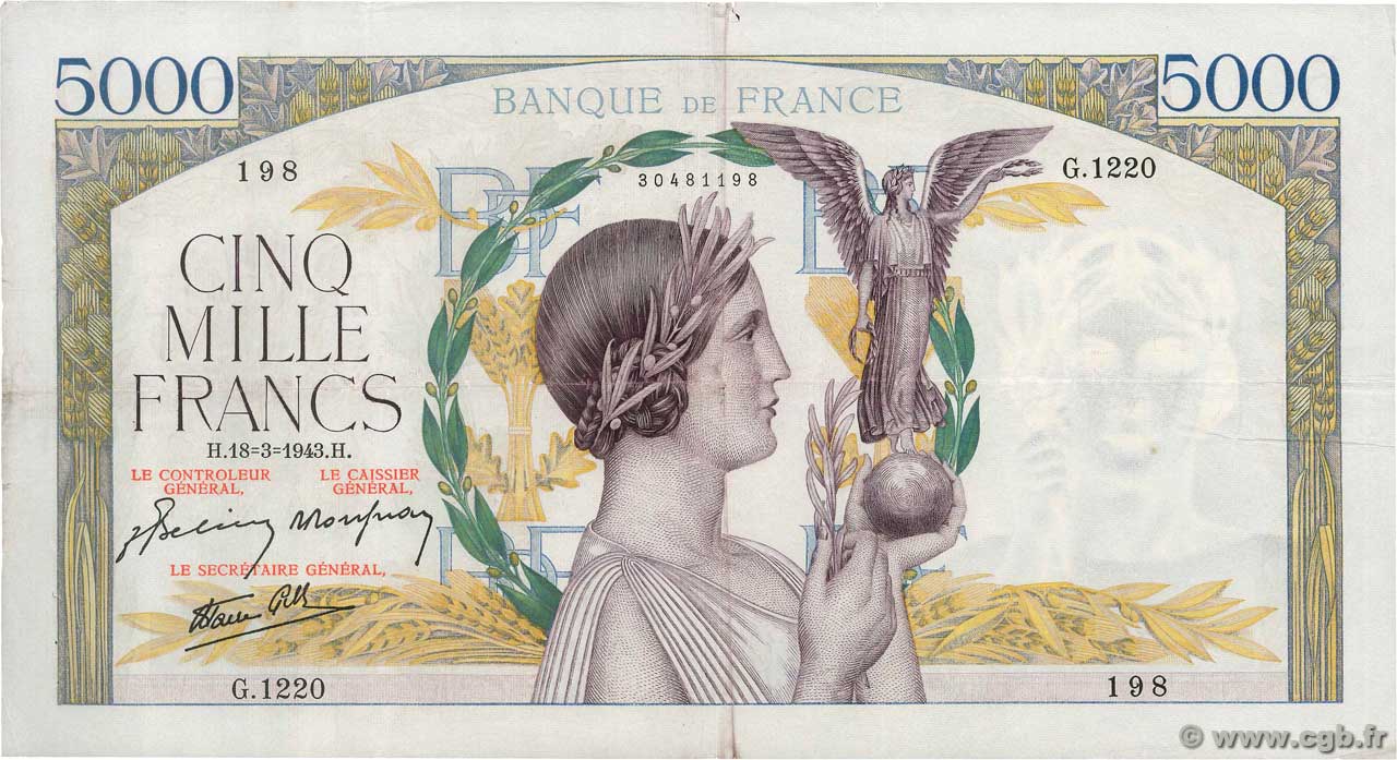 5000 Francs VICTOIRE Impression à plat FRANCE  1943 F.46.49 TTB