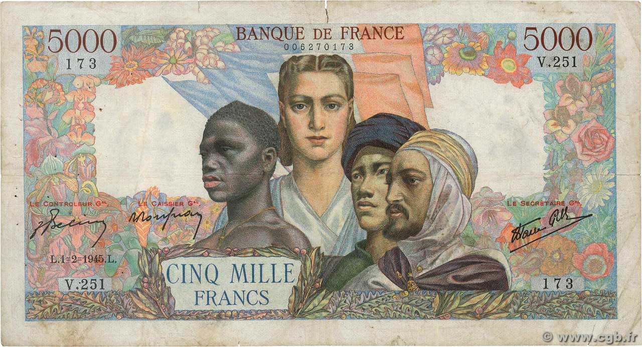 5000 Francs EMPIRE FRANÇAIS FRANCIA  1945 F.47.11 q.MB