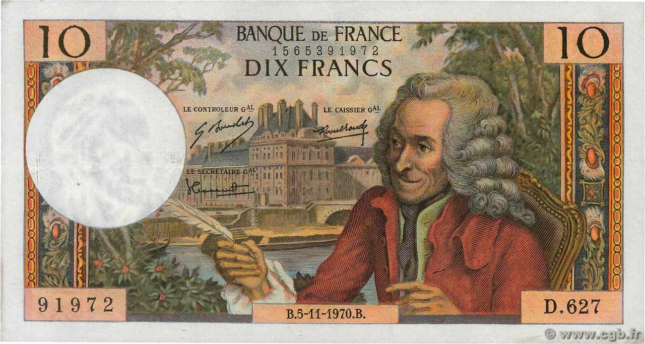 10 Francs VOLTAIRE FRANCE  1970 F.62.47 VF+