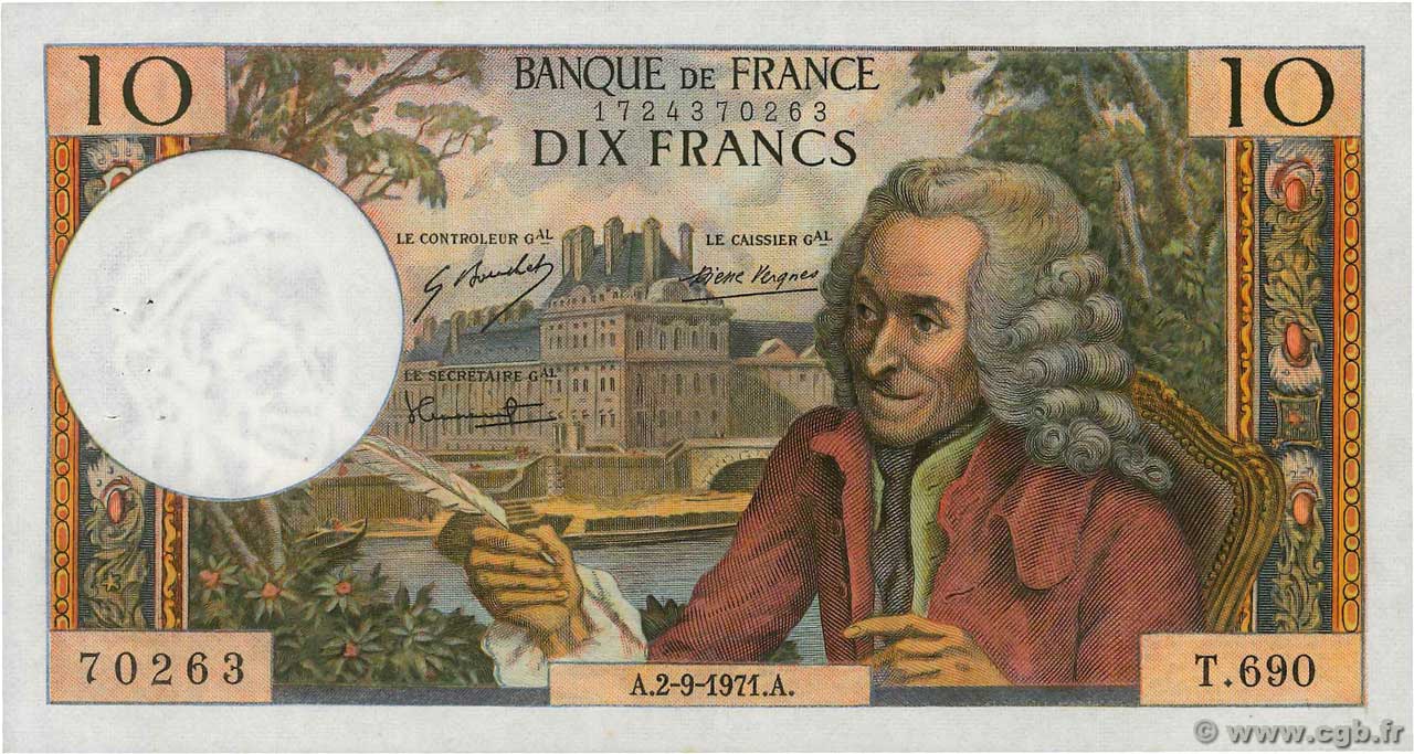 10 Francs VOLTAIRE FRANCE  1971 F.62.51 pr.SUP