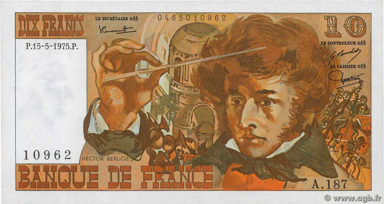 10 Francs BERLIOZ FRANCIA  1975 F.63.10 AU+