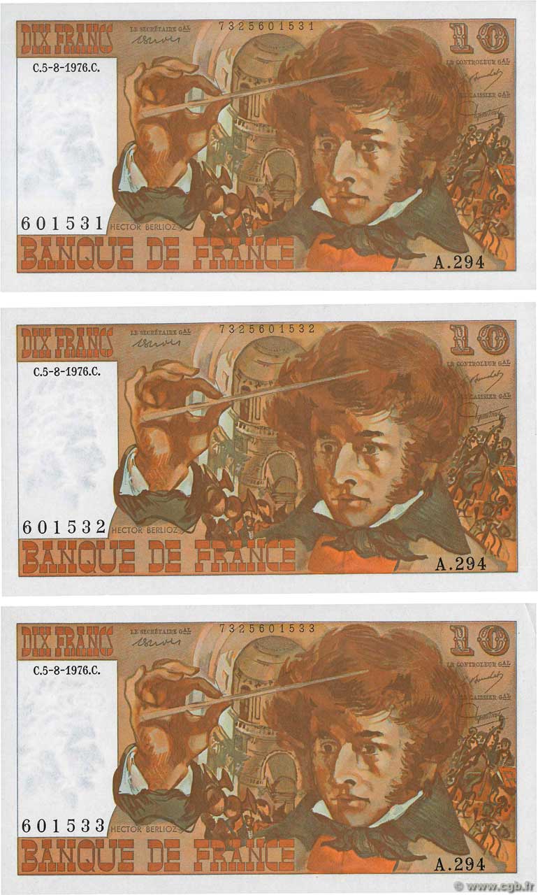 10 Francs BERLIOZ Consécutifs FRANCIA  1976 F.63.20 FDC