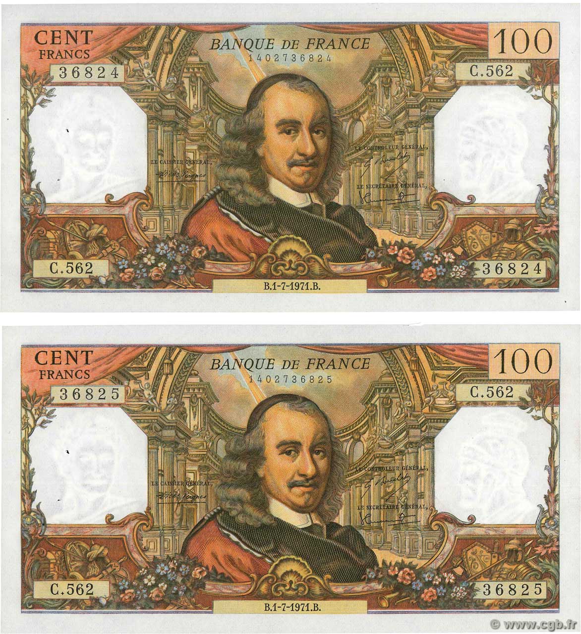 100 Francs CORNEILLE Consécutifs FRANCIA  1971 F.65.36 SC