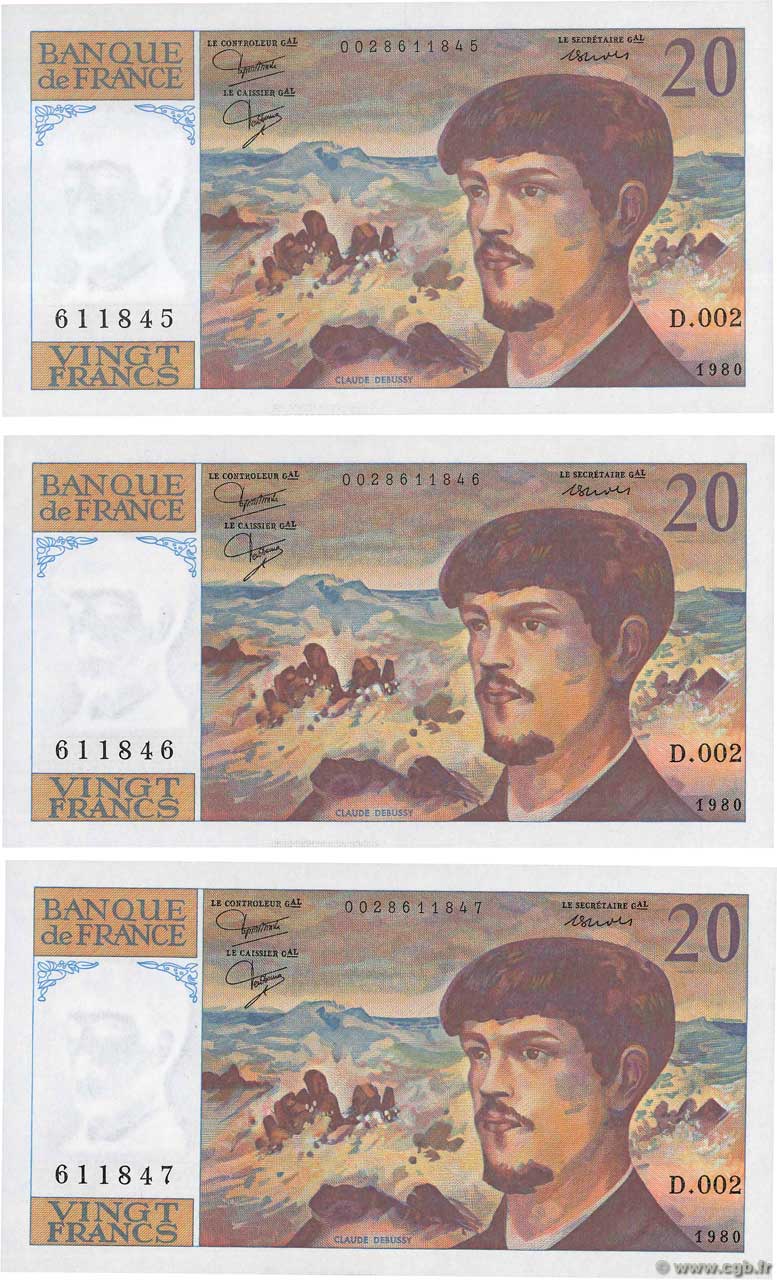 20 Francs DEBUSSY Consécutifs FRANCE  1980 F.66.01 NEUF
