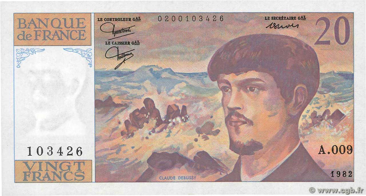 20 Francs DEBUSSY FRANCIA  1982 F.66.03A9 AU