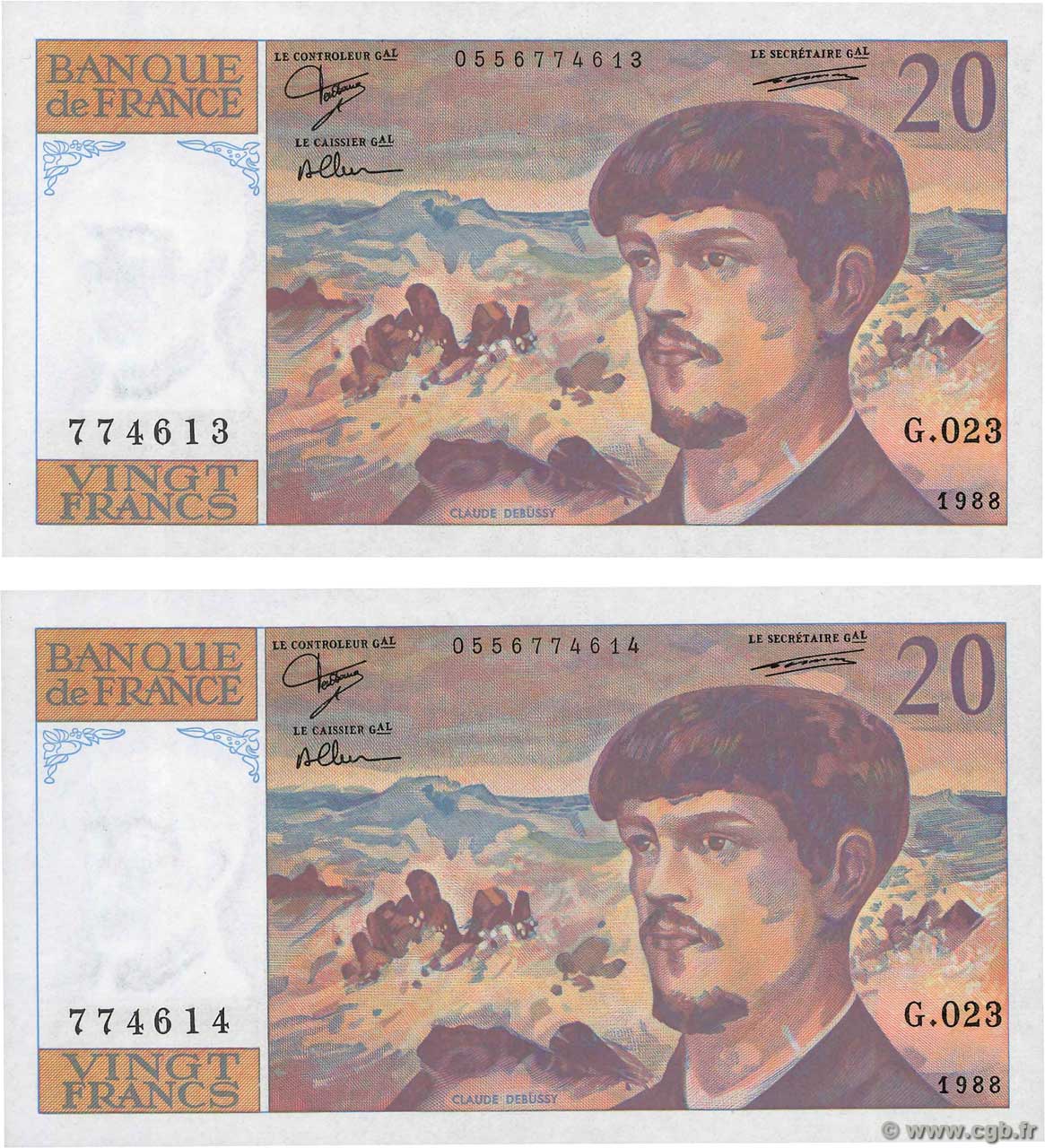 20 Francs DEBUSSY Consécutifs FRANCIA  1988 F.66.09 FDC