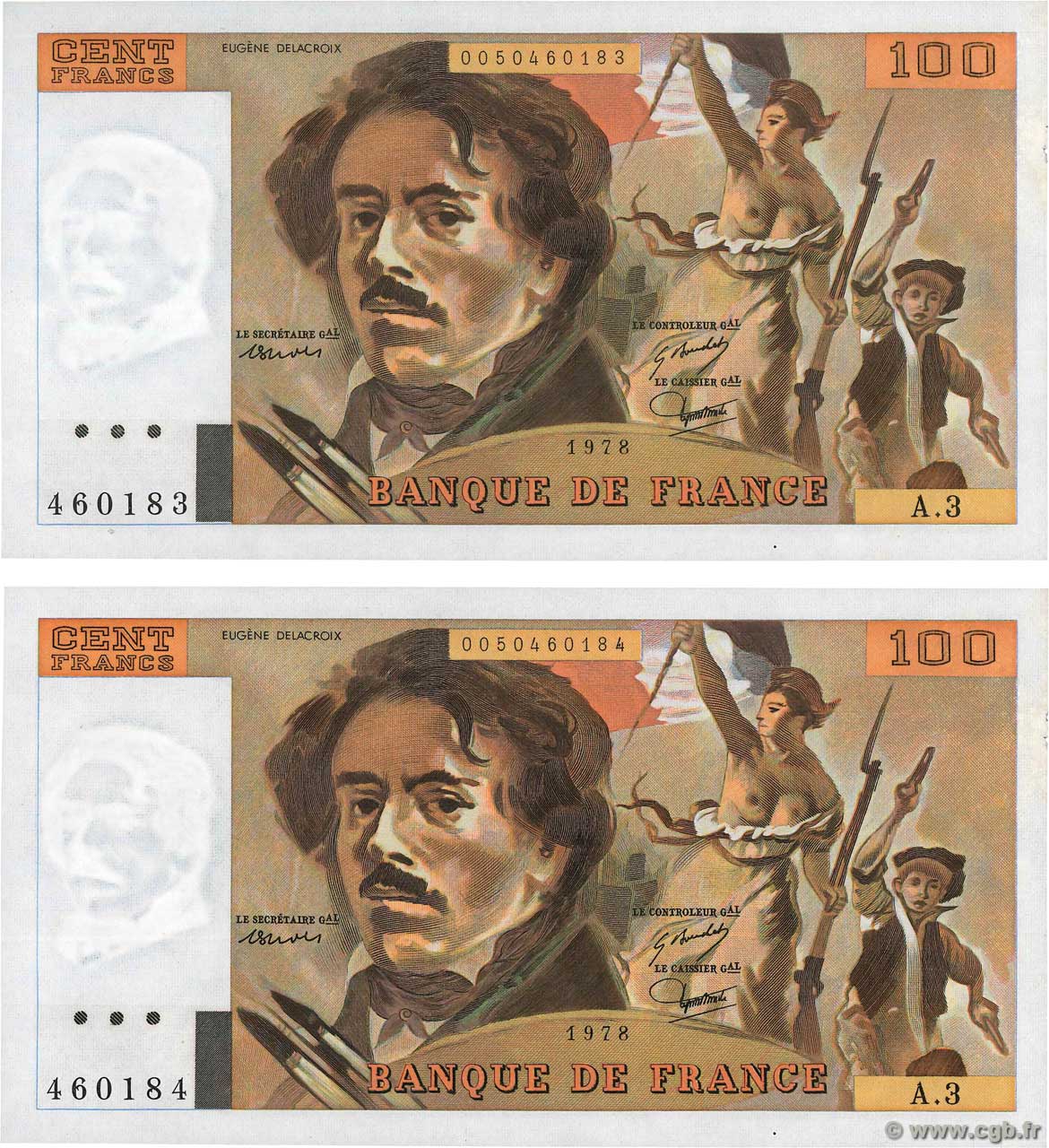 100 Francs DELACROIX Consécutifs FRANCE  1978 F.68.03 pr.NEUF