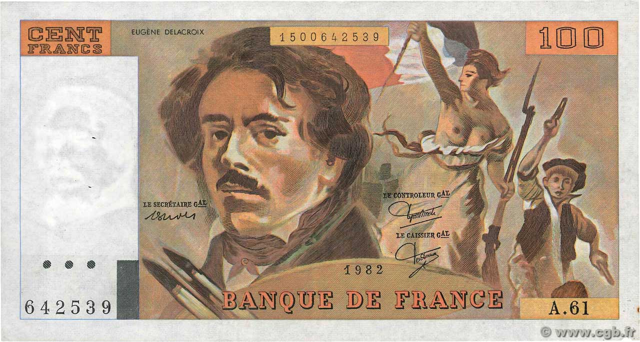 100 Francs DELACROIX modifié FRANCE  1982 F.69.06 TTB