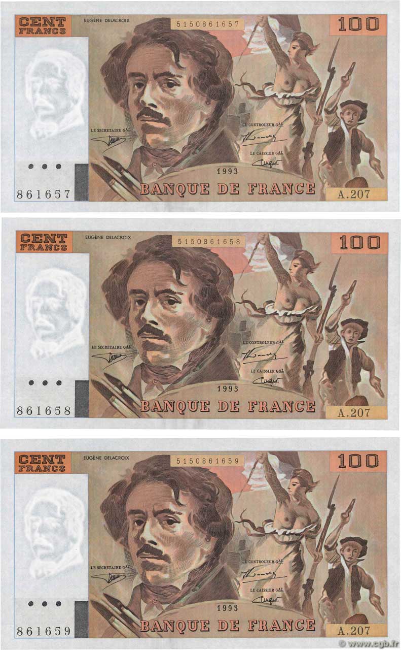 100 Francs DELACROIX imprimé en continu Consécutifs FRANKREICH  1993 F.69bis.05 ST