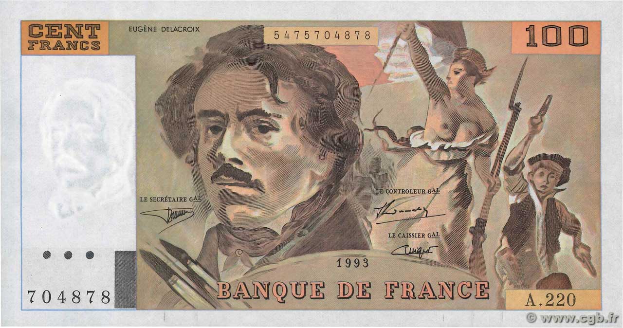 100 Francs DELACROIX imprimé en continu FRANCE  1993 F.69bis.07 XF