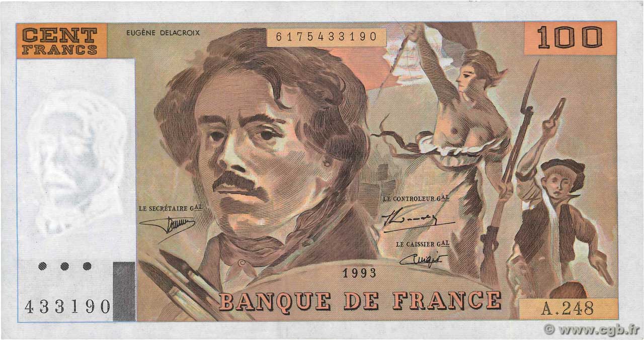 100 Francs DELACROIX imprimé en continu FRANCE  1993 F.69bis.08 XF-