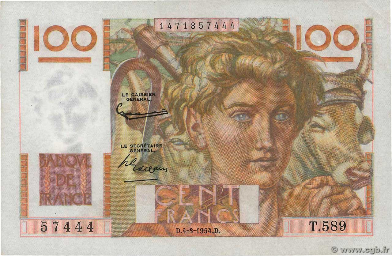 100 Francs JEUNE PAYSAN FRANCE  1954 F.28.42 SPL