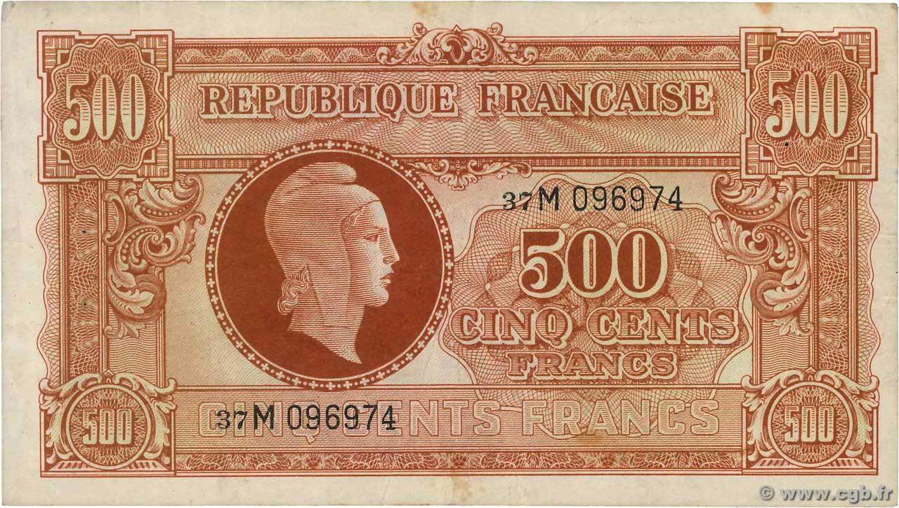 500 Francs MARIANNE fabrication anglaise FRANCE  1945 VF.11.02 TTB