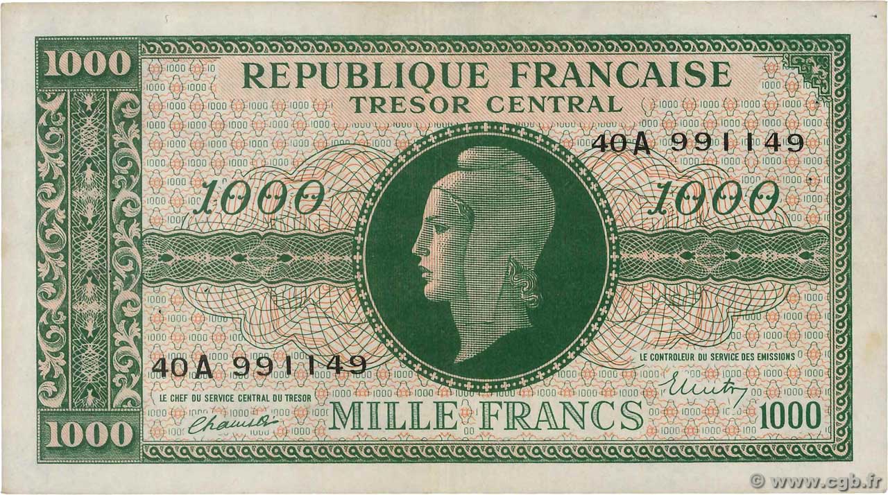 1000 Francs MARIANNE BANQUE D ANGLETERRE FRANCE  1945 VF.12.01 TTB+