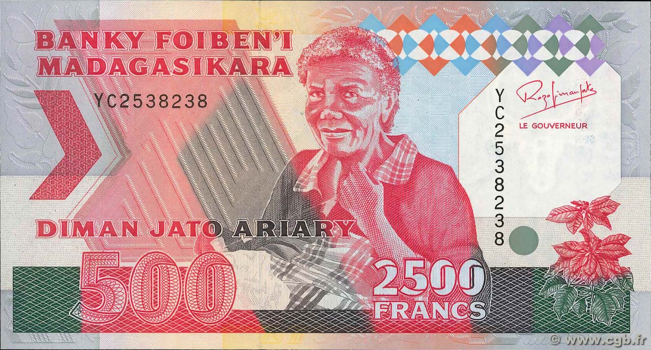 2500 Francs - 500 Ariary MADAGASCAR  1988 P.072Aa NEUF