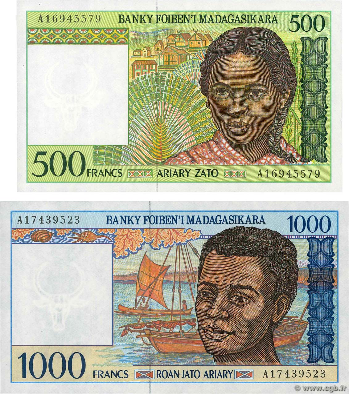 500 Francs - 100 Ariary et 1000 Francs - 200 Ariary Lot MADAGASKAR  1994 P.075a et P.076a ST