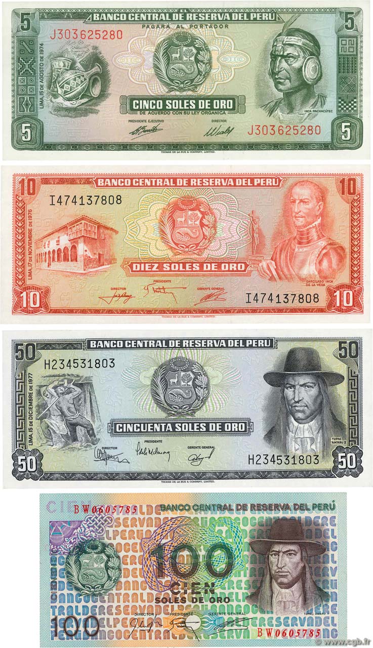 5, 10, 50 et 100 Soles de Oro Lot PERú  1974 P.LOT FDC