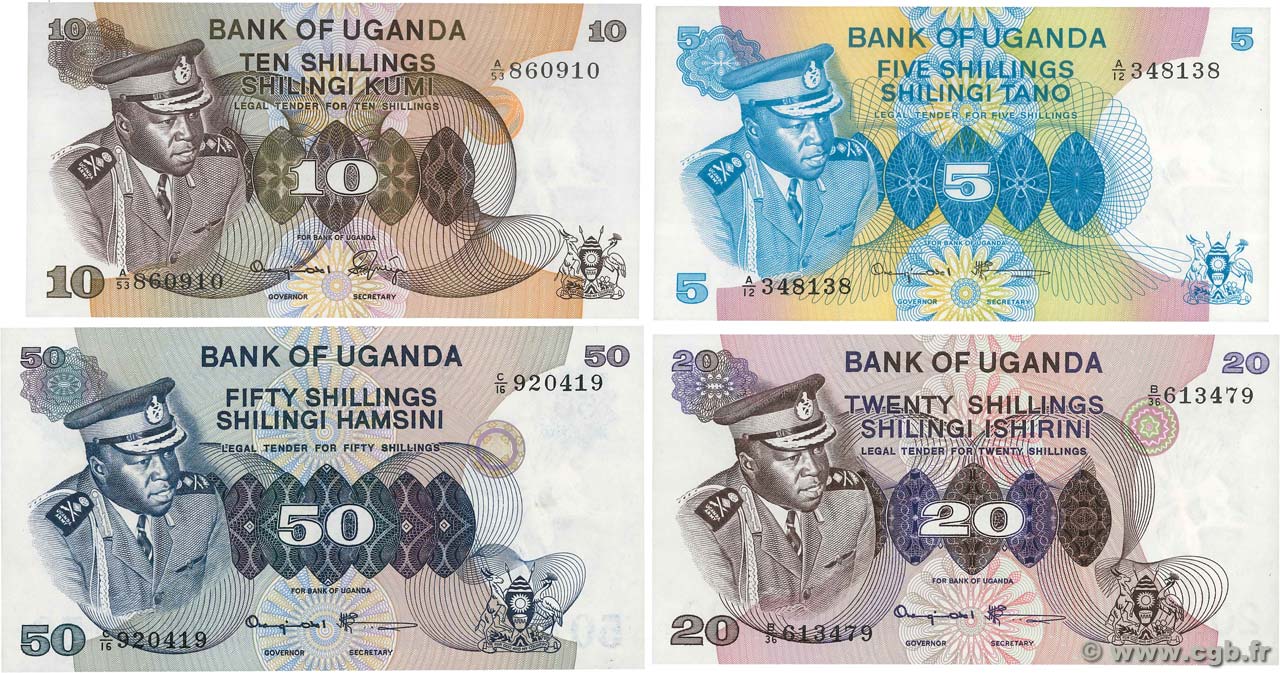 5, 10, 20 et 50 Shillings Lot UGANDA  1973 P.5A au P.08c fST+