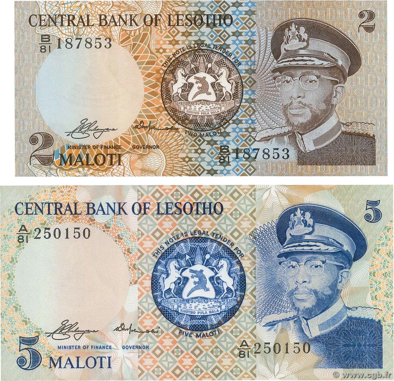 2 et 5 Maloti Lot LESOTHO  1981 P.04a et P.05a NEUF