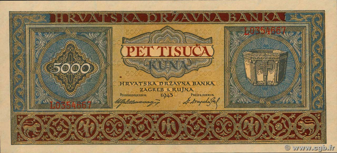 5000 Kuna CROATIA  1943 P.13a AU