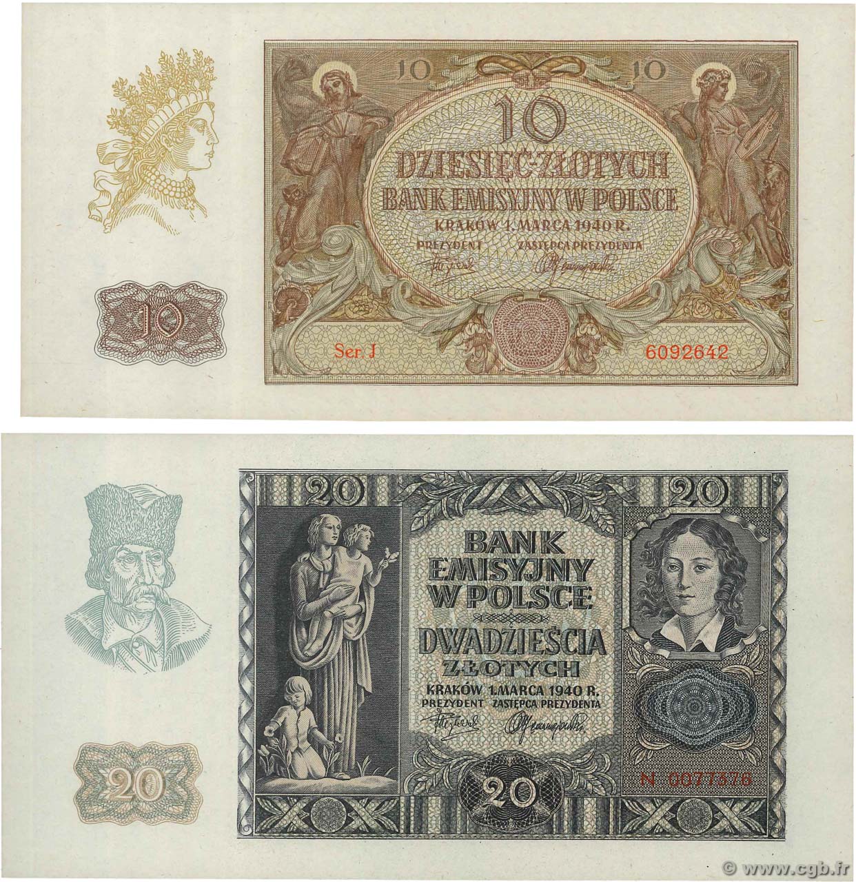 10 et 20 Zlotych Lot POLOGNE  1940 P.094 et P.095 pr.NEUF