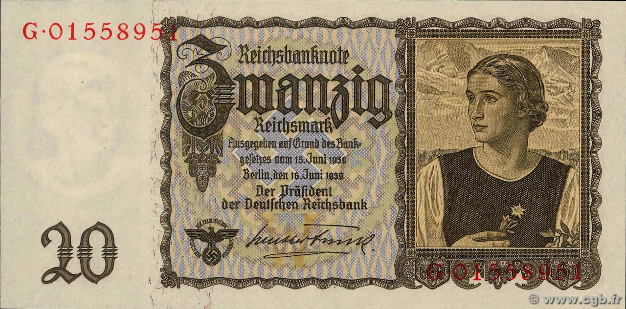 20 Reichsmark ALLEMAGNE  1939 P.185 pr.NEUF