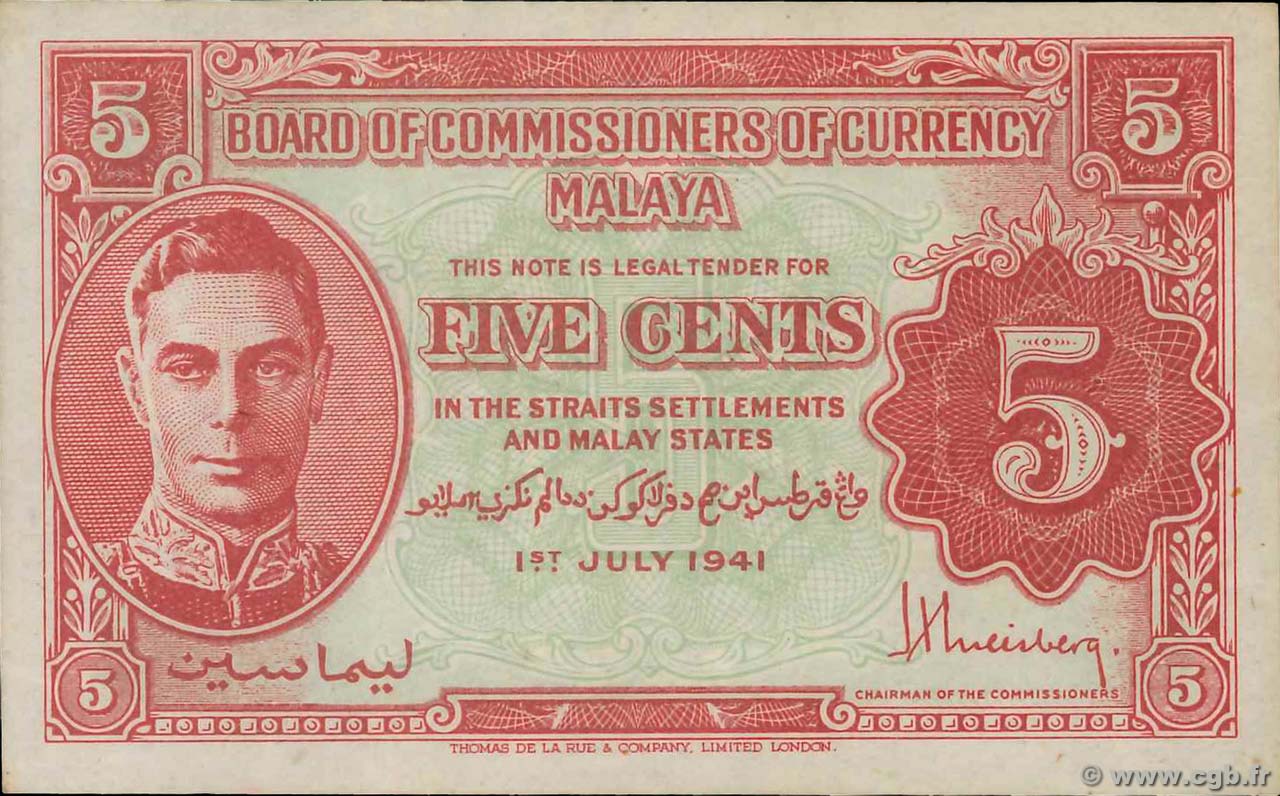5 Cents MALAYA  1941 P.07b VF+