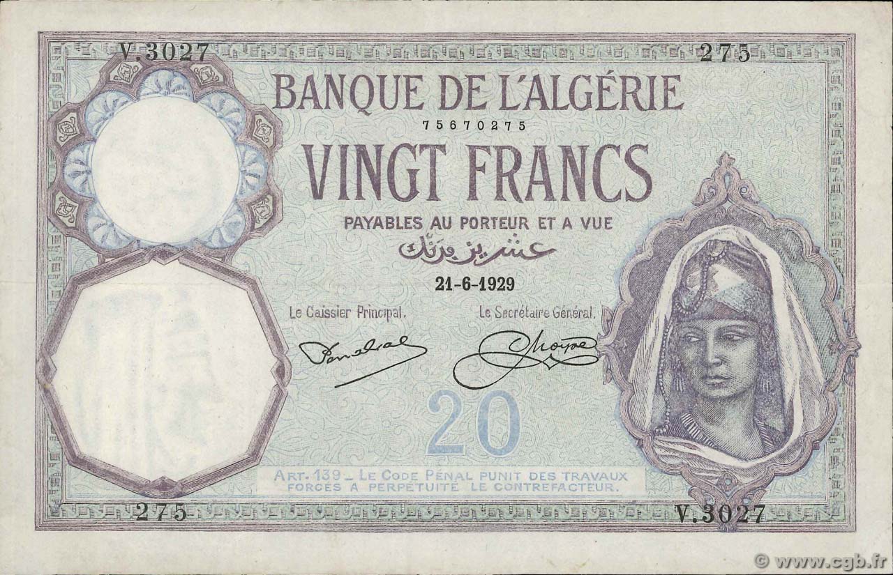 20 Francs ALGERIEN  1929 P.078b fVZ