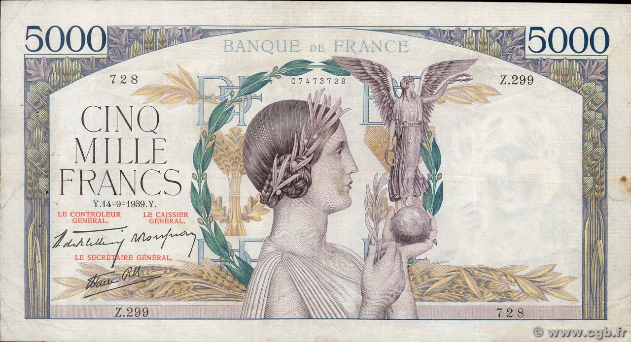 5000 Francs VICTOIRE Impression à plat FRANCIA  1939 F.46.10 q.BB