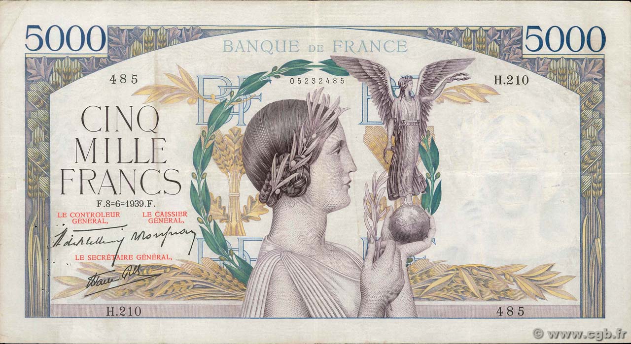 5000 Francs VICTOIRE Impression à plat FRANKREICH  1939 F.46.07 fSS