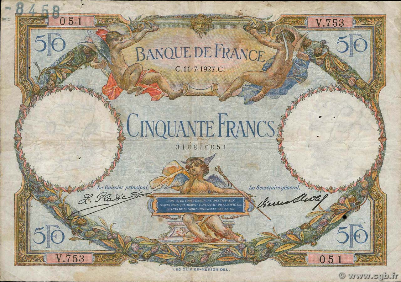 50 Francs LUC OLIVIER MERSON FRANKREICH  1927 F.15.01 SGE