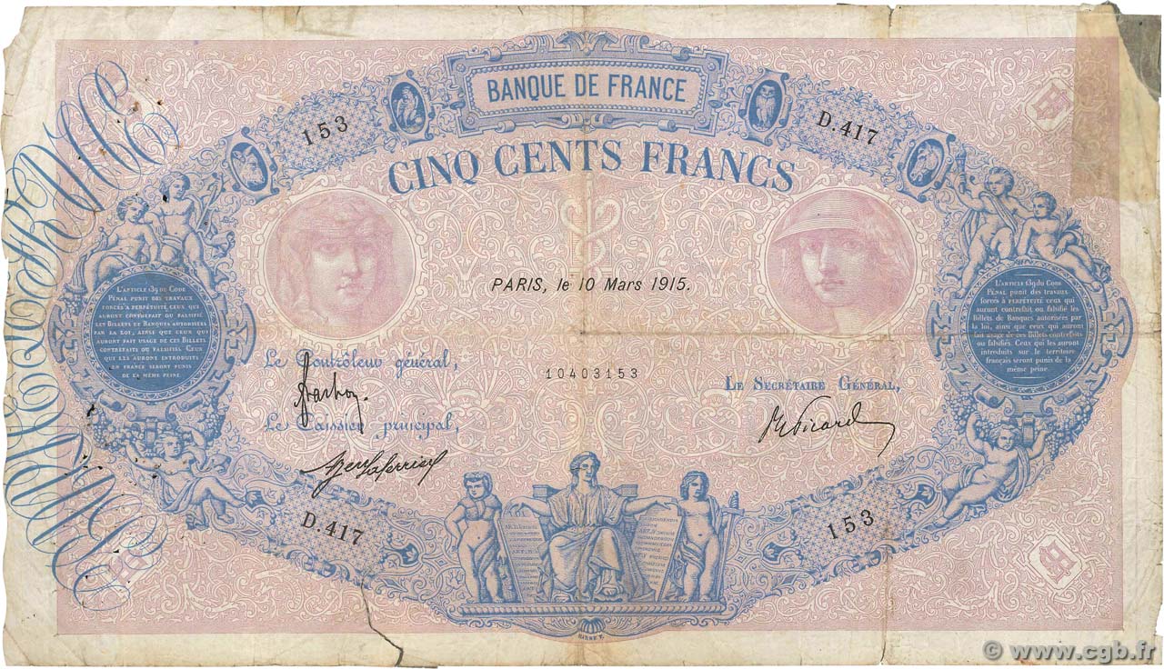 500 Francs BLEU ET ROSE FRANKREICH  1915 F.30.22 fSGE